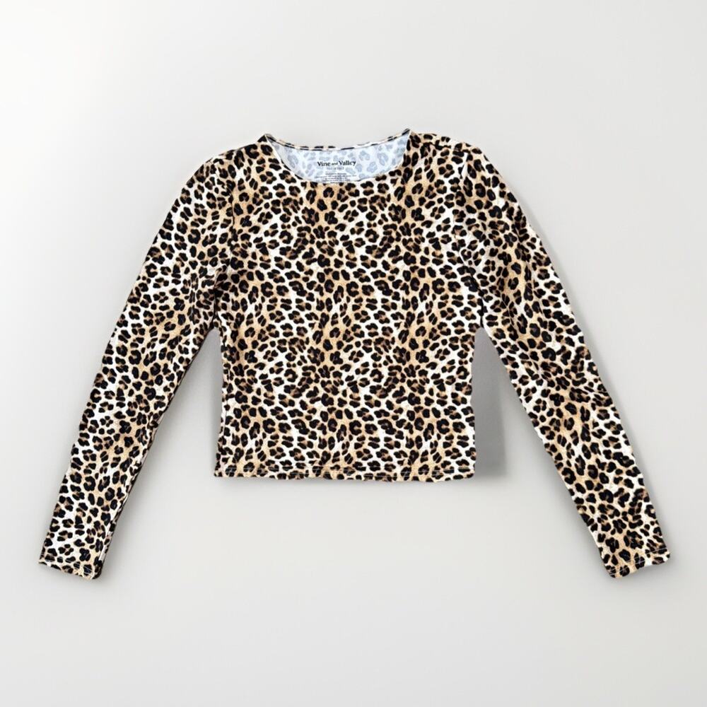 Vine & Valley Sz M Leopard Cheetah Long Sleeve Stretch Y2K Baby Tee Top Fitted